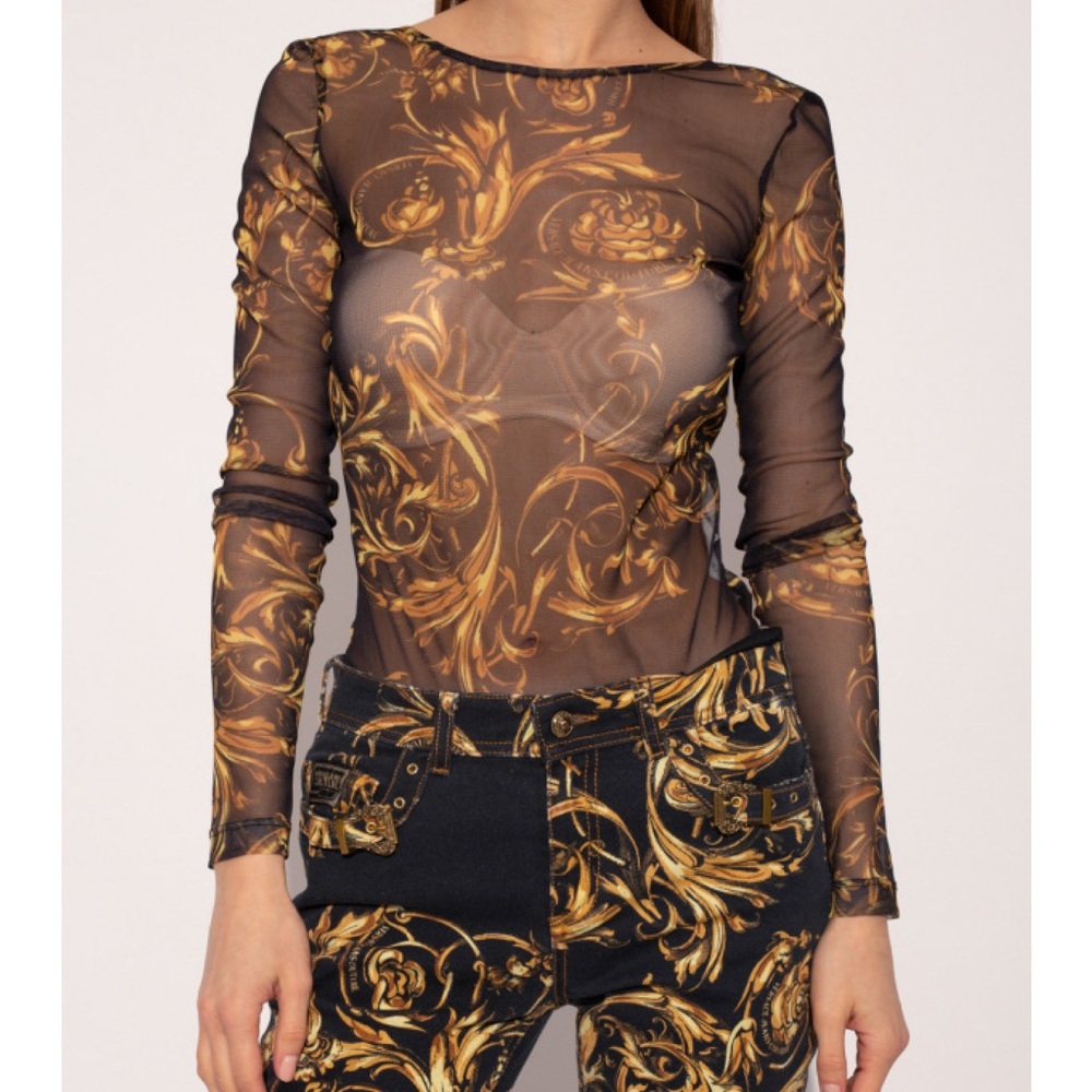 Versace Black Sheer Long-Sleeve Baroque Print Bodysuit with Gold Accents - Picture 5 of 7